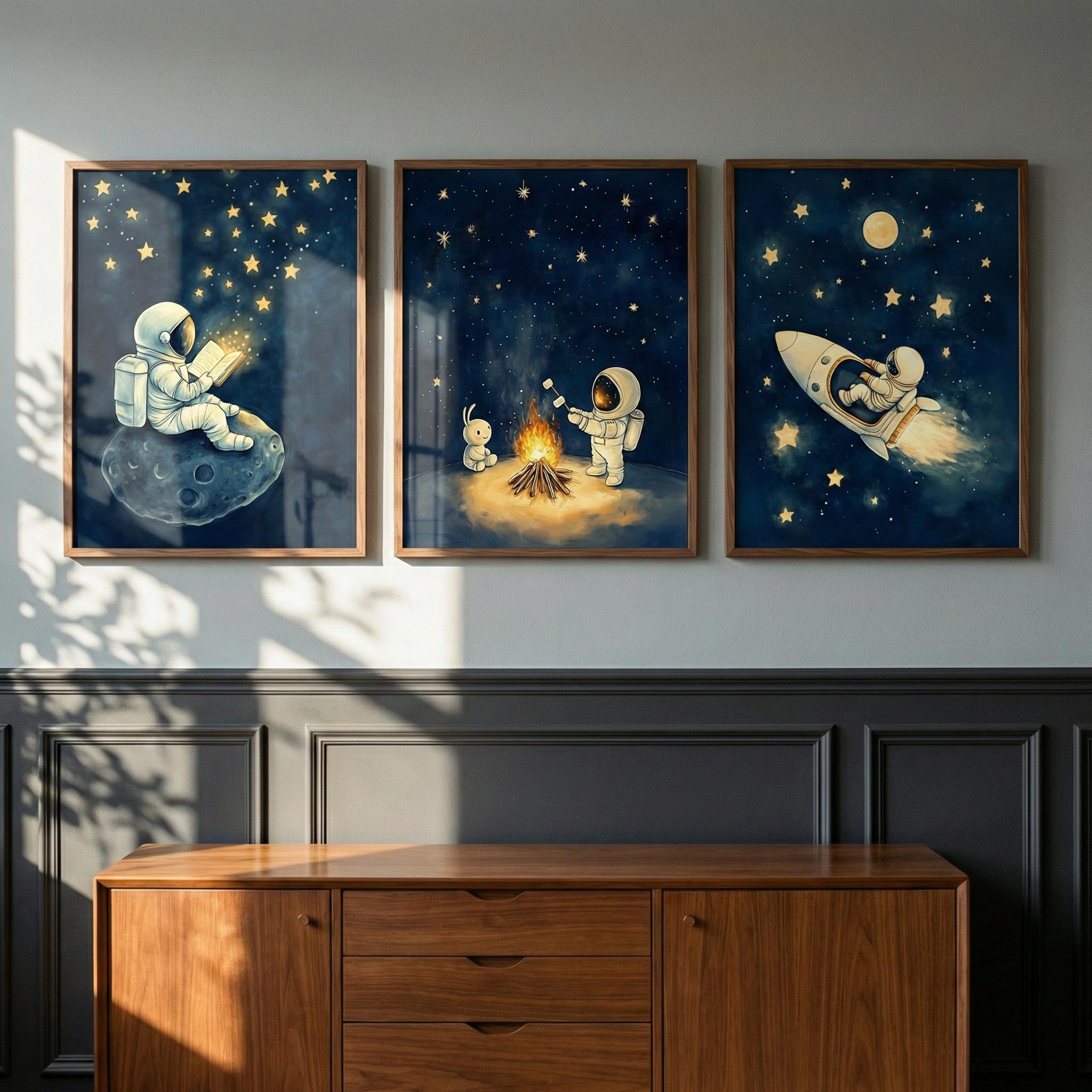 Baby Nursery Frames - Set Seni Dinding Astronot 3 Buah,